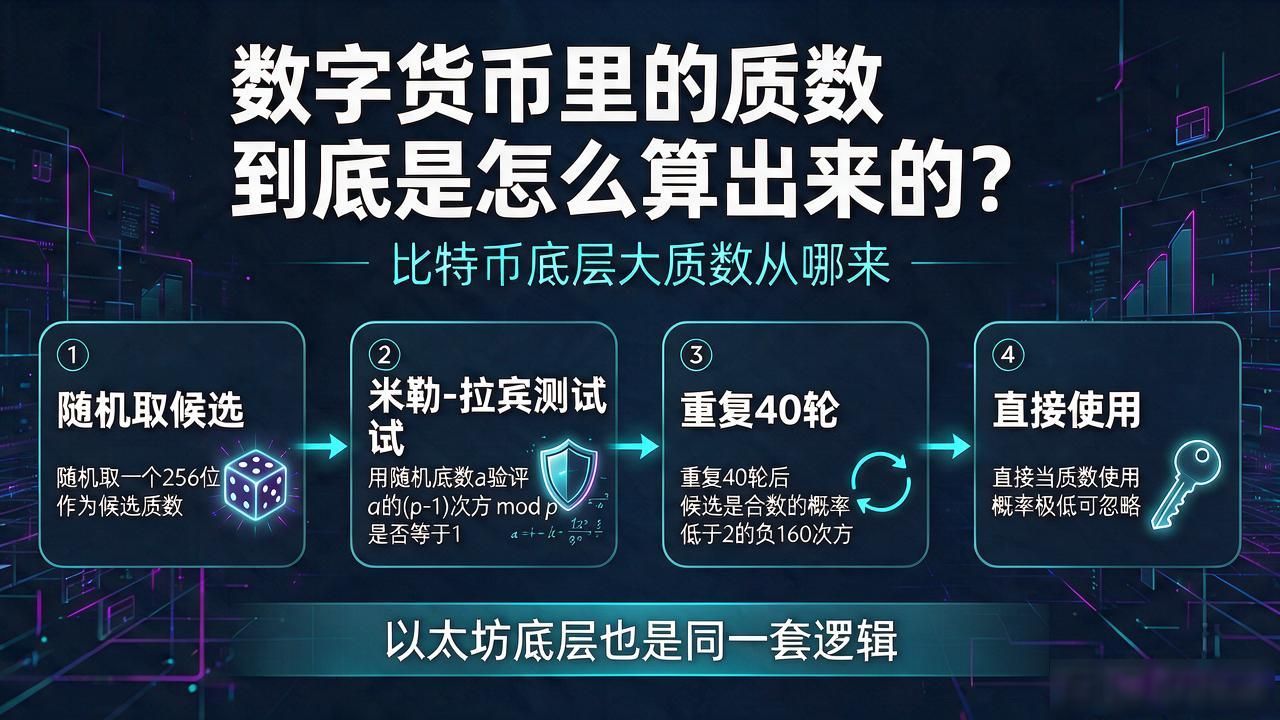 米勒-拉宾素性测试验证256位质数原理_比特币secp256k1椭圆曲线大质数p的作用_数字货币质数怎么算